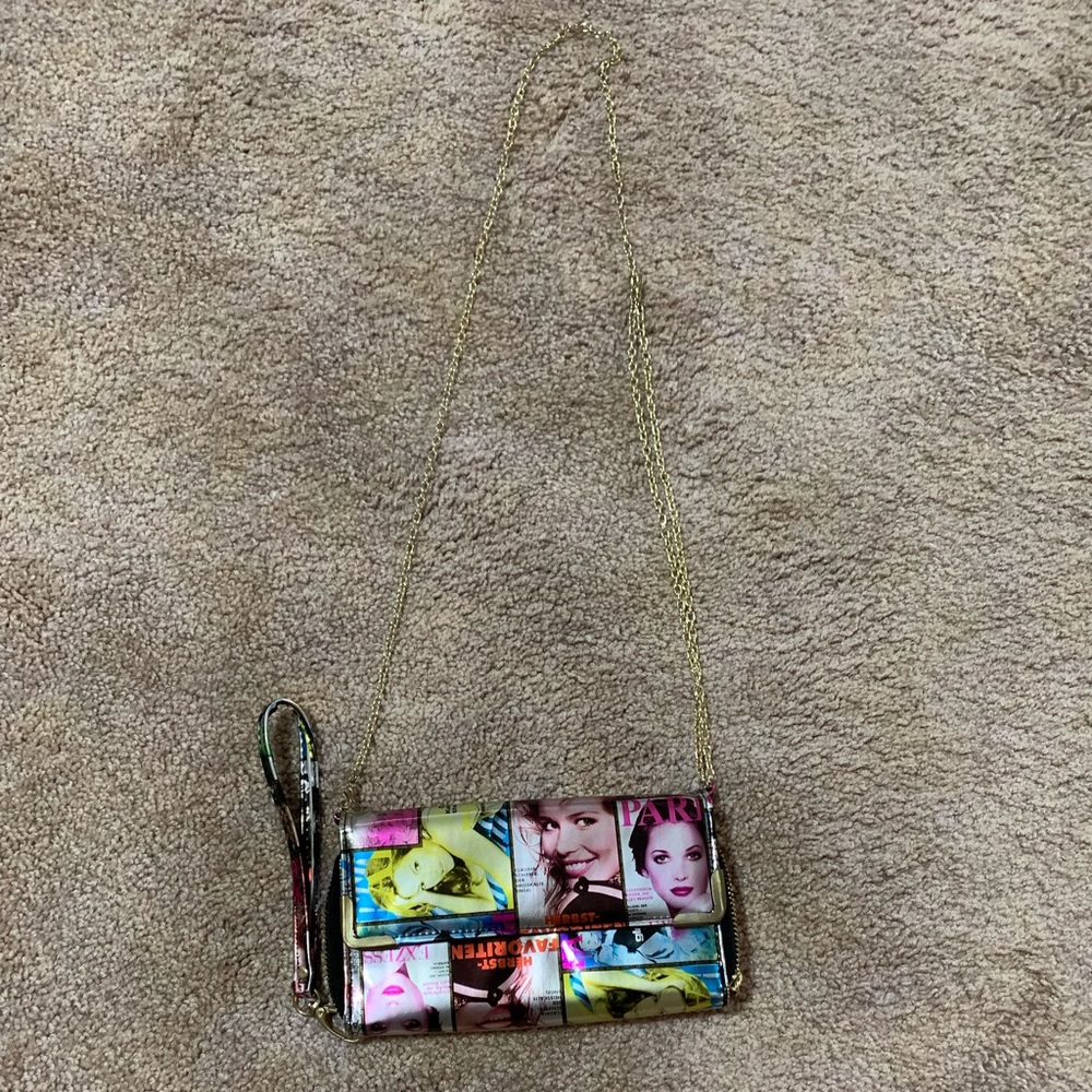 Magazine Multicolor Photo Collage Clutch with Gold Chain